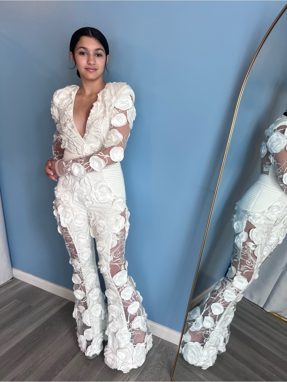 Zhivago I Found Love White 3D Floral Appliqué Sheer Jumpsuit